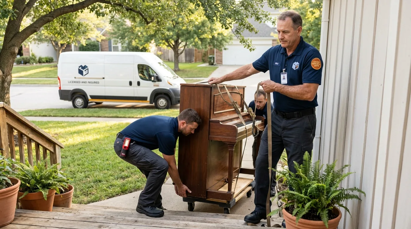 Licensed piano movers securing grand piano in Hopewell, NJ