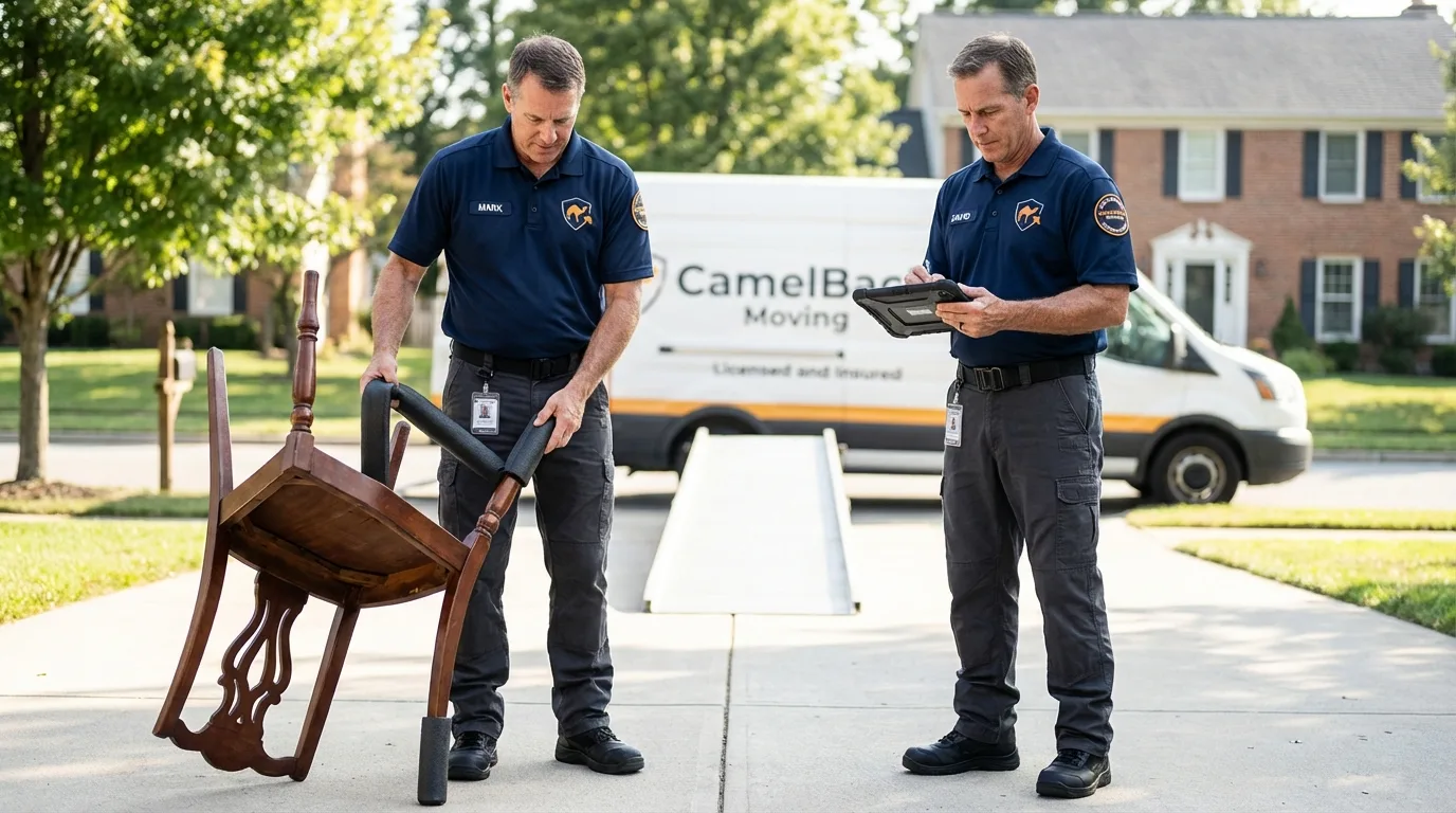Movers inspecting furniture for damage prevention before loading in Hopewell, NJ