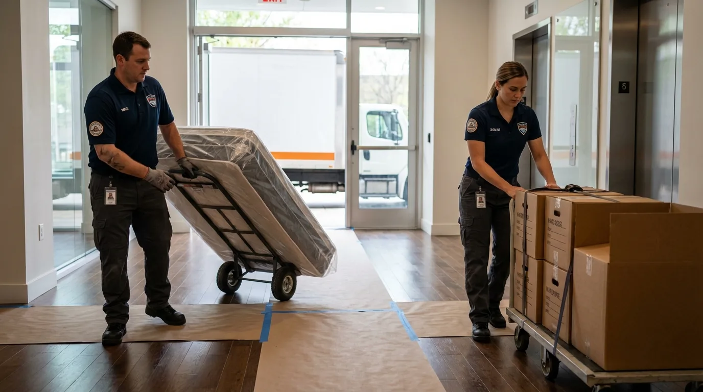 Professional apartment movers loading elevator in Hopewell, NJ